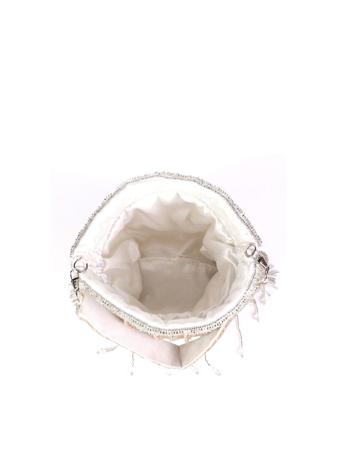 Silver-Toned & Peach-Coloured Embellished Potli Clutch