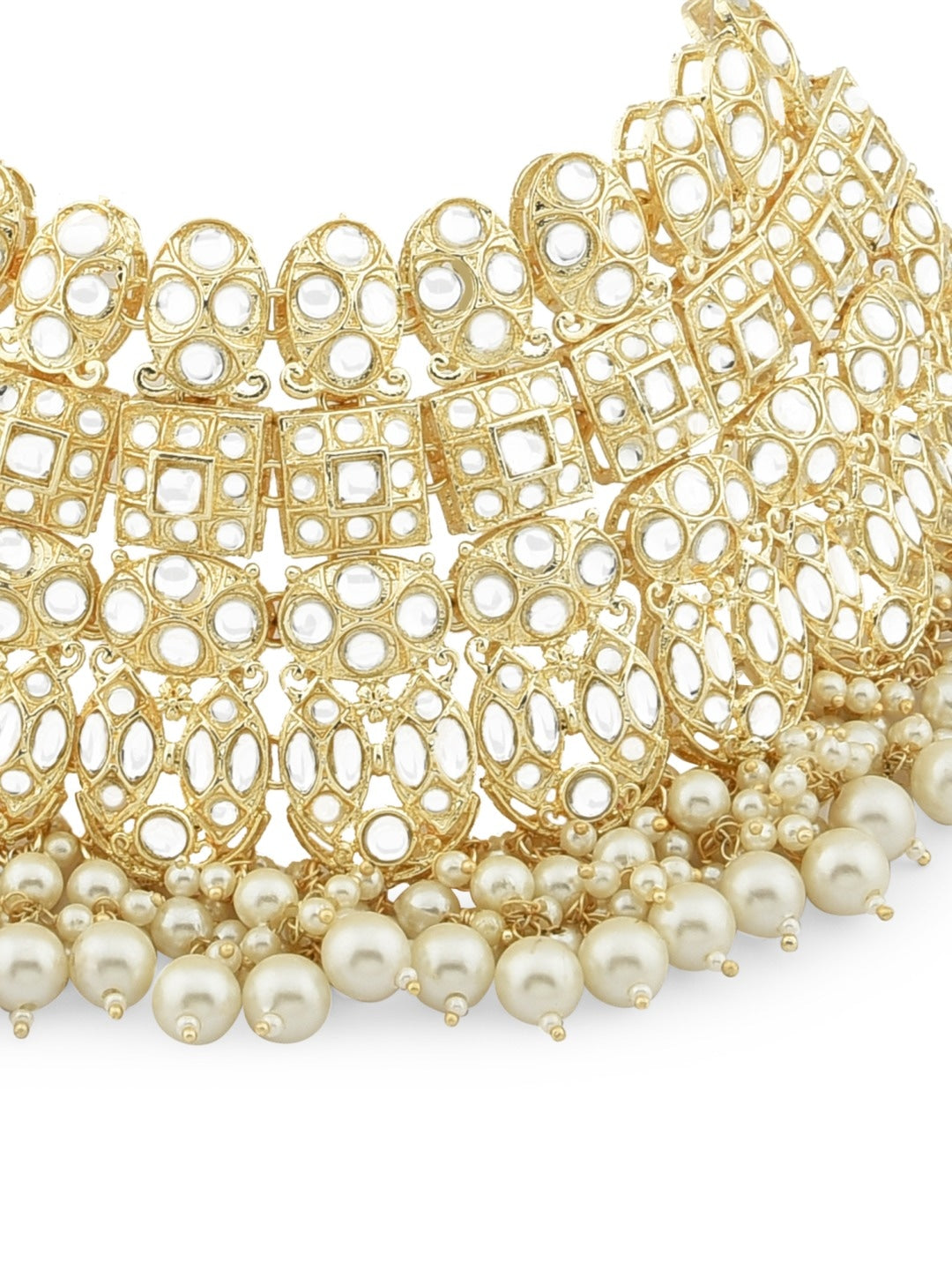 Gold-Plated White Kundan-Studded & Pearl Beaded Jewellery Set
