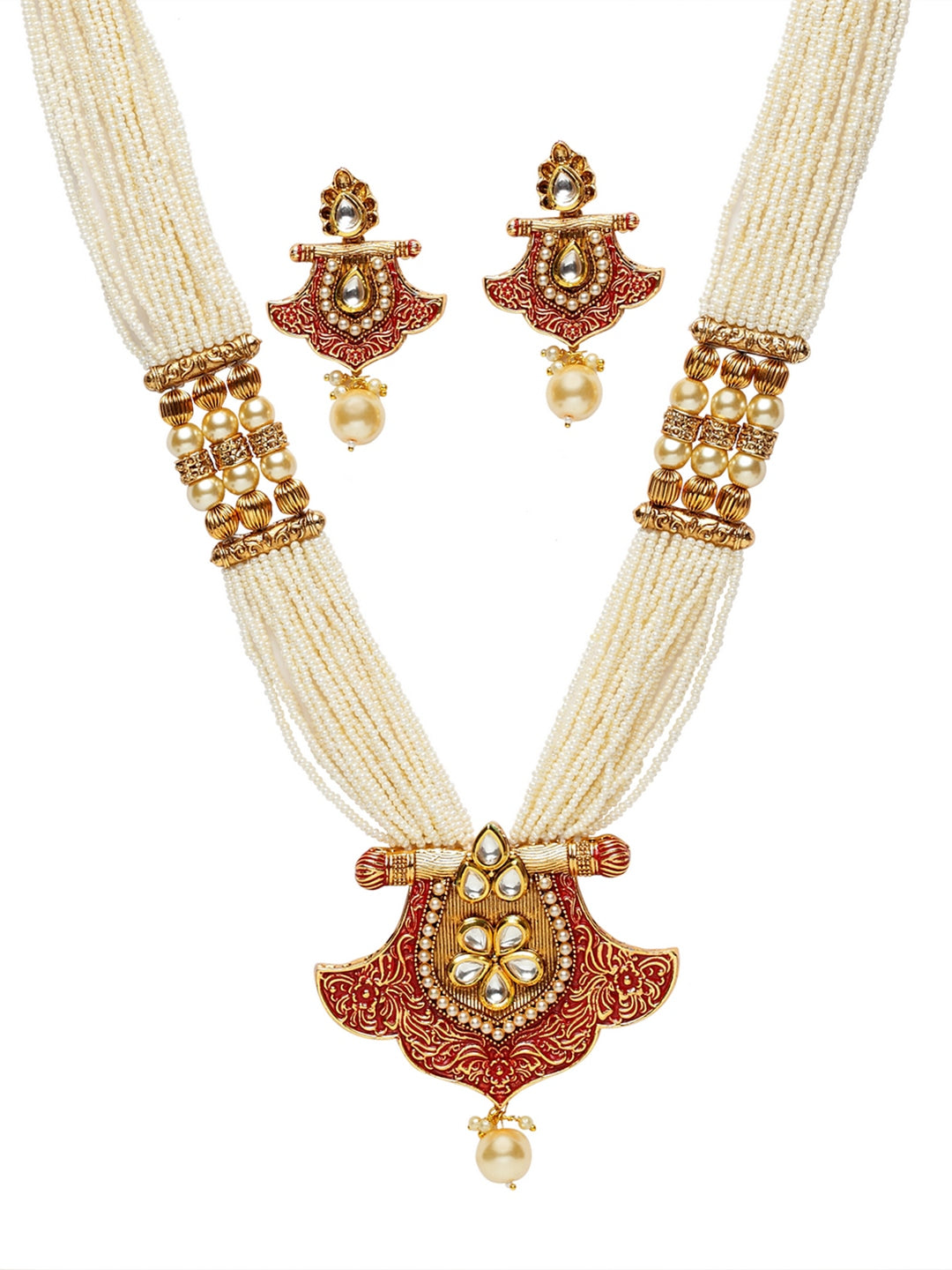 Gold-Plated White & Red Handcrafted Kundan-Studded & Beaded Jewellery Set