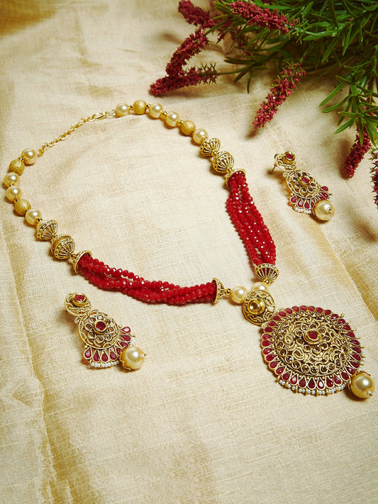 Gold-Plated & Red Kundan Studded Beaded Handcrafted Jewellery Set