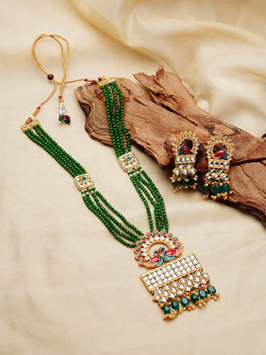 Gold Plated Stone Studded & Green Crystal Beaded Meenakari Jewellery Set
