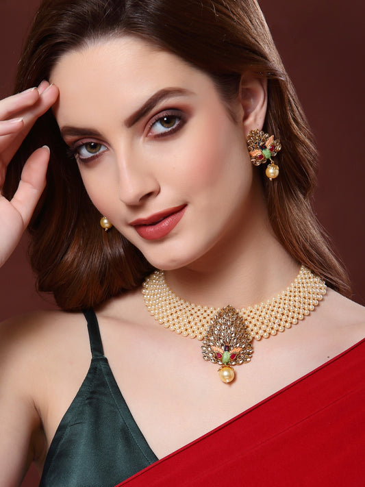 Women Gold-Plated Stone-Studded & Pearl Beaded Handcrafted Jewelry Set