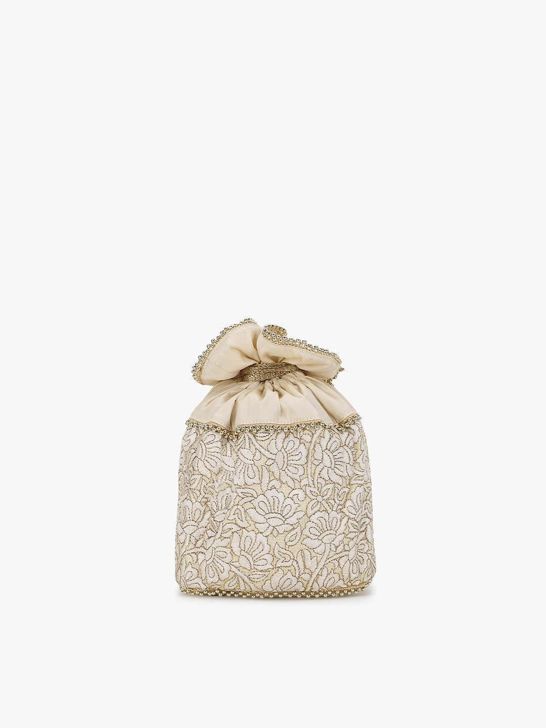 Cream-Coloured & Gold-Toned Embroidered Tasselled Potli Clutch