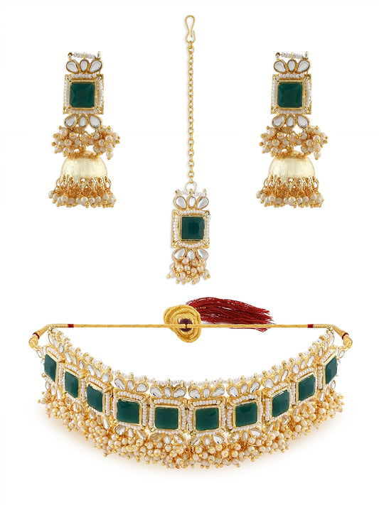 Gold-Plated Green & White Kundan-Studded & Pearl Beaded Jewellery Set