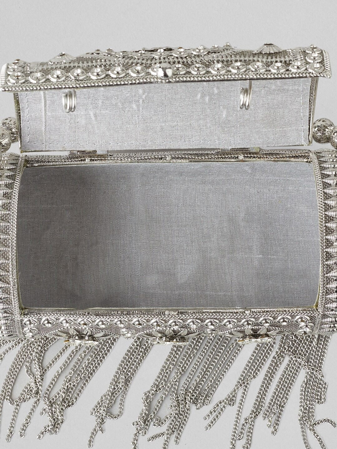 Silver-Toned Embellished Embroidered Box Clutch