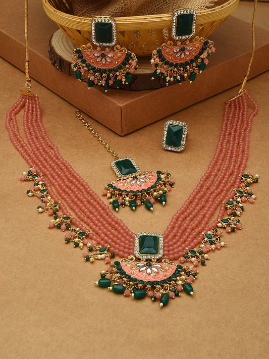 Gold-Plated & Peach-Coloured Stone-Studded Pearl Beaded Jewellery Set