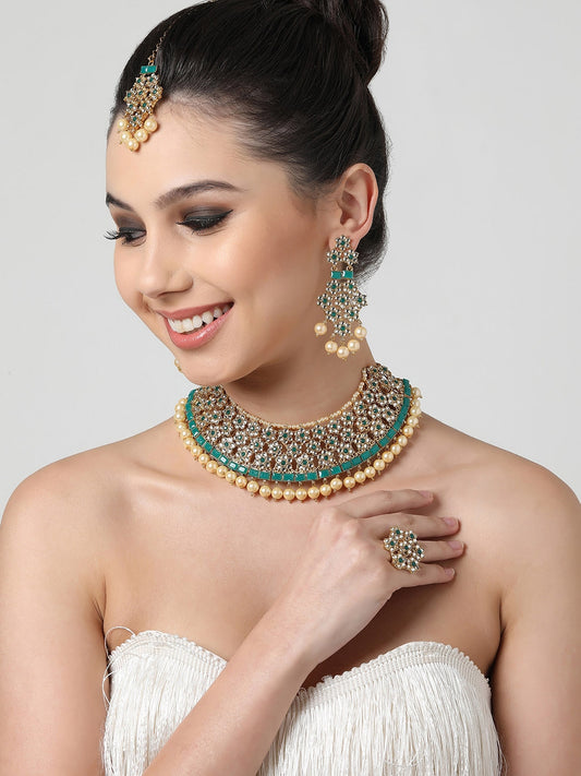 Gold-Plated Green & White Kundan-Studded & Beaded Jewellery Set