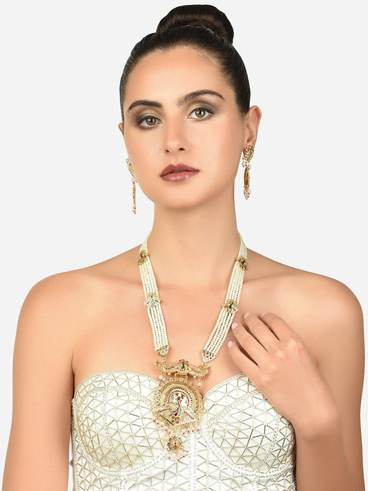 Women Gold-Plated White & Pink Stone-Studded & Pearl Beaded Jewelry Set
