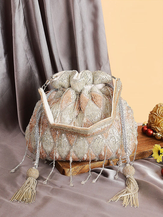 Silver-Toned & Peach-Coloured Embellished Potli Clutch