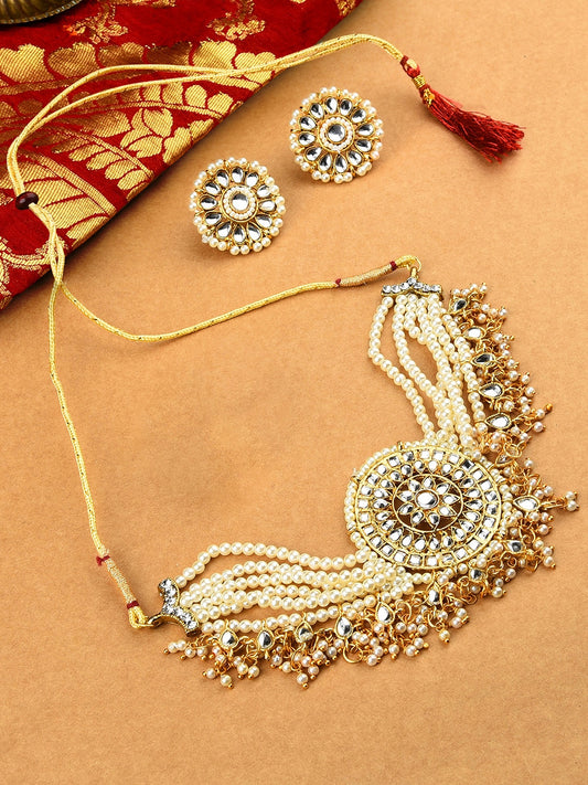 Gold-Plated & White Kundan & Pearls Studed Multistrand Choker Jewellery Set