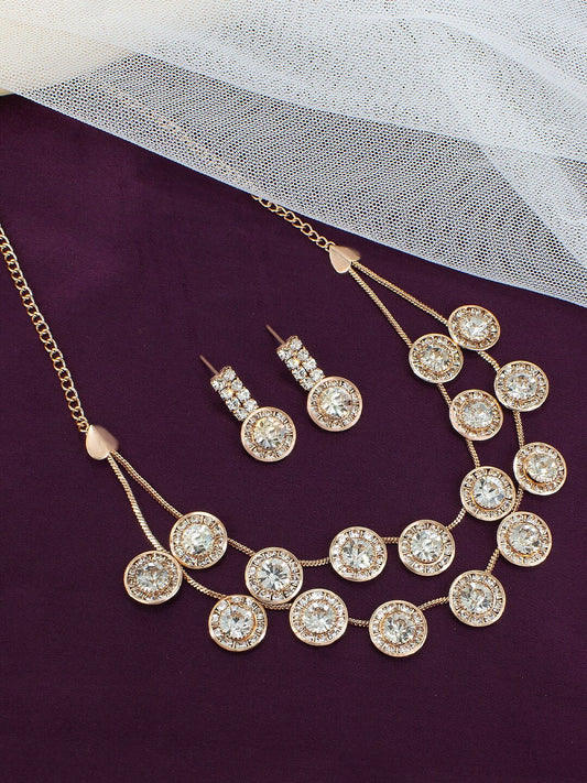 Rose-Gold Plated Layered American Diamond Stone-Studded Jewellery Set