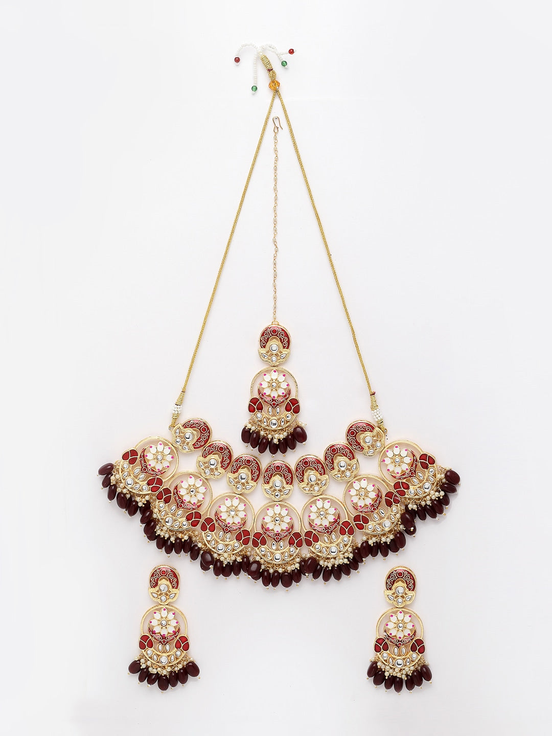 Gold-Plated Red Kundan & Pearl-Studded Meenakari Choker Jewellery Set