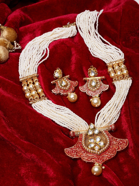 Gold-Plated White & Red Handcrafted Kundan-Studded & Beaded Jewellery Set