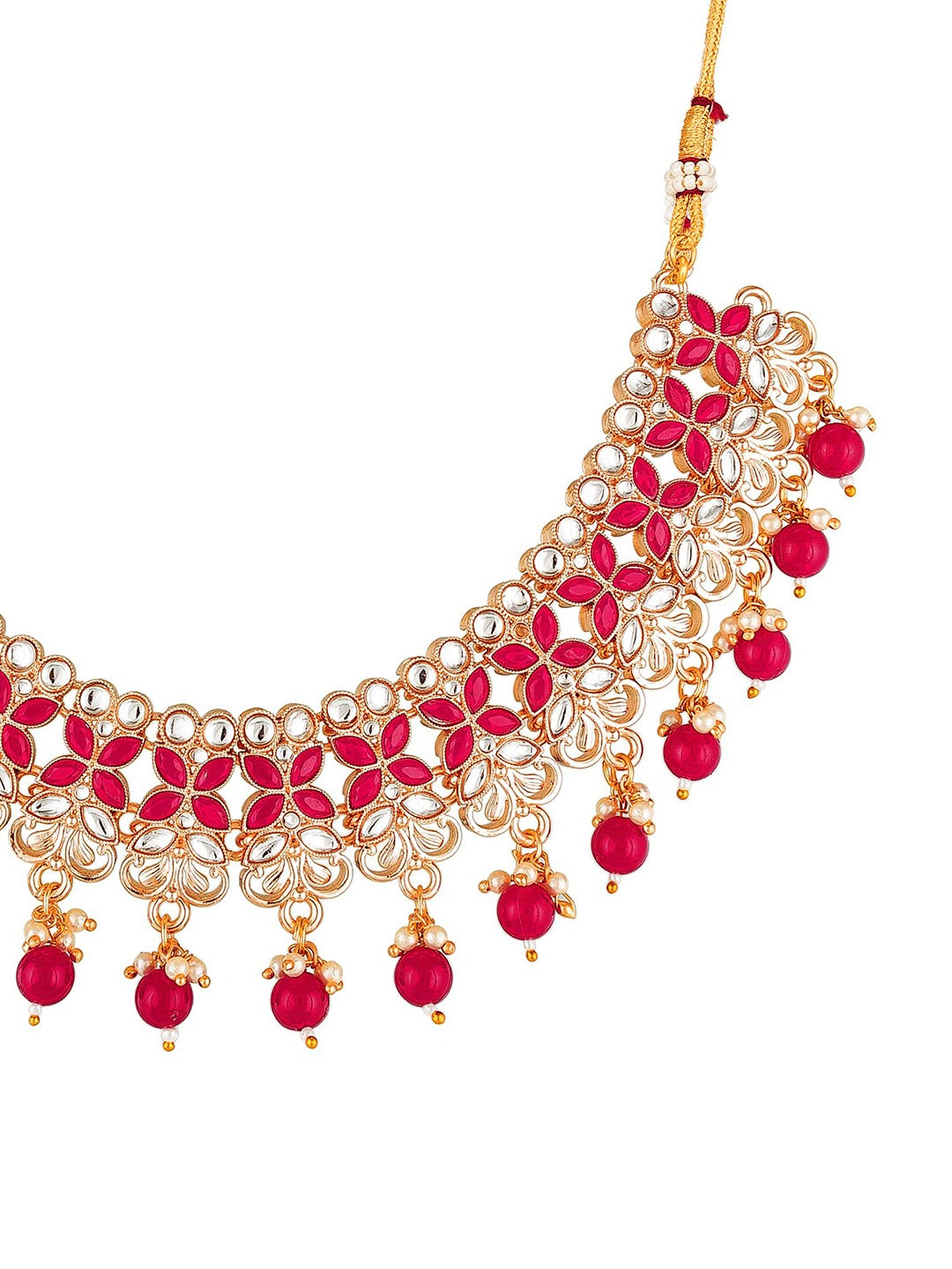 Gold-Plated Red & White Stone-Studded Pearl Beaded Temple Jewellery Set