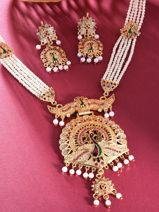 Women Gold-Plated White & Pink Stone-Studded & Pearl Beaded Jewelry Set