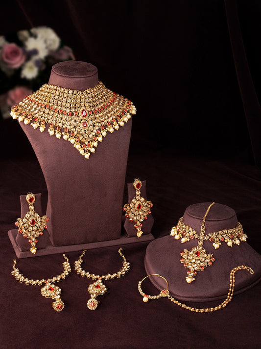 Champagne & Red Gold-Plated Crystals Embellished Bridal Jewellery Set