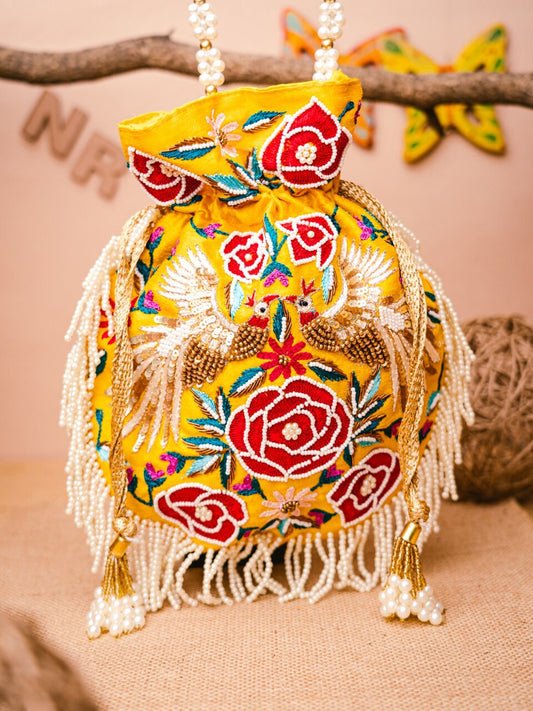 Women Yellow Embroidered Potli Bag
