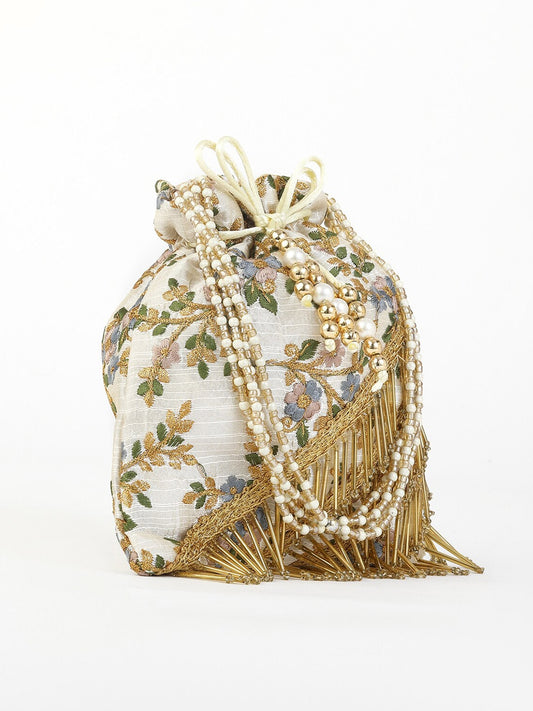 Cream-Coloured & Grey Embroidered Fringed Potli Clutch