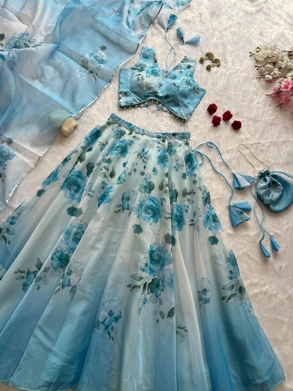 Pure organza silk digital printed lehnga