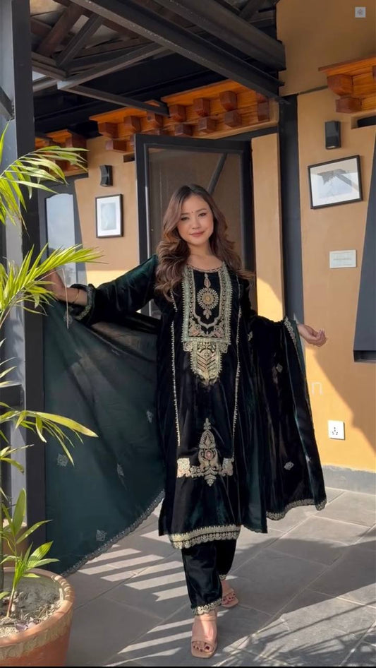 Pure Heavy Viscous Velvet With Heavy Embroidery Coding Sequence Work Suit