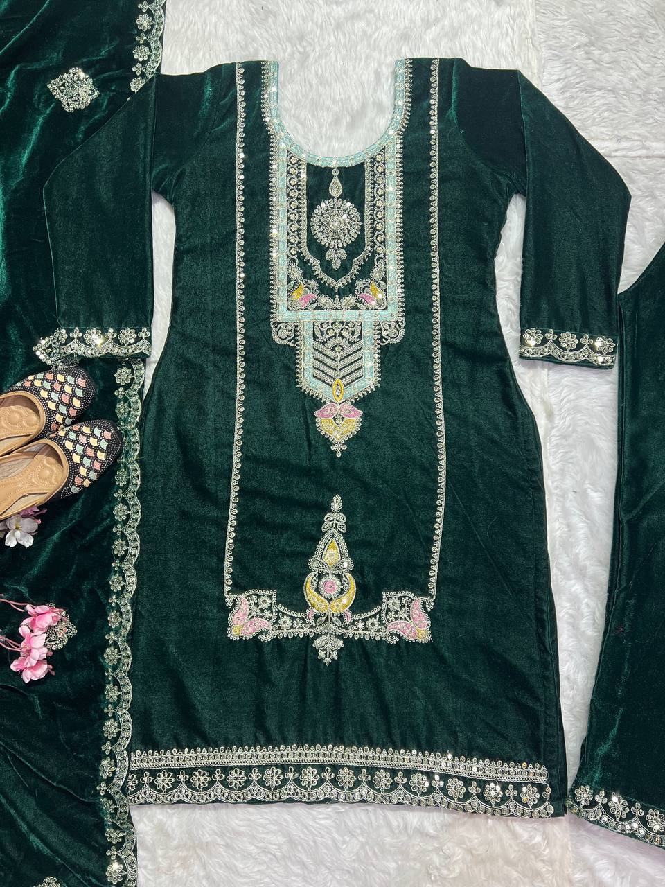 Pure Heavy Viscous Velvet With Heavy Embroidery Coding Sequence Work Suit