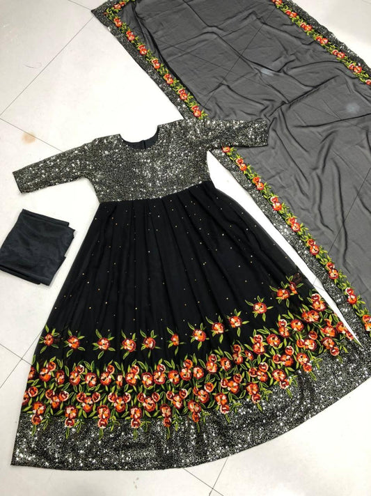 Heavy Georgette ront and Black Side Embroidery And Siqvance Gown