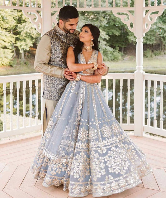 Net lehnga with foil paper & zari work Lehenga