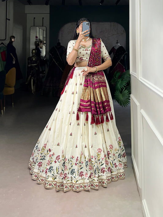 Khadi cotton Sequins And Thread Embroidery Work Lehenga