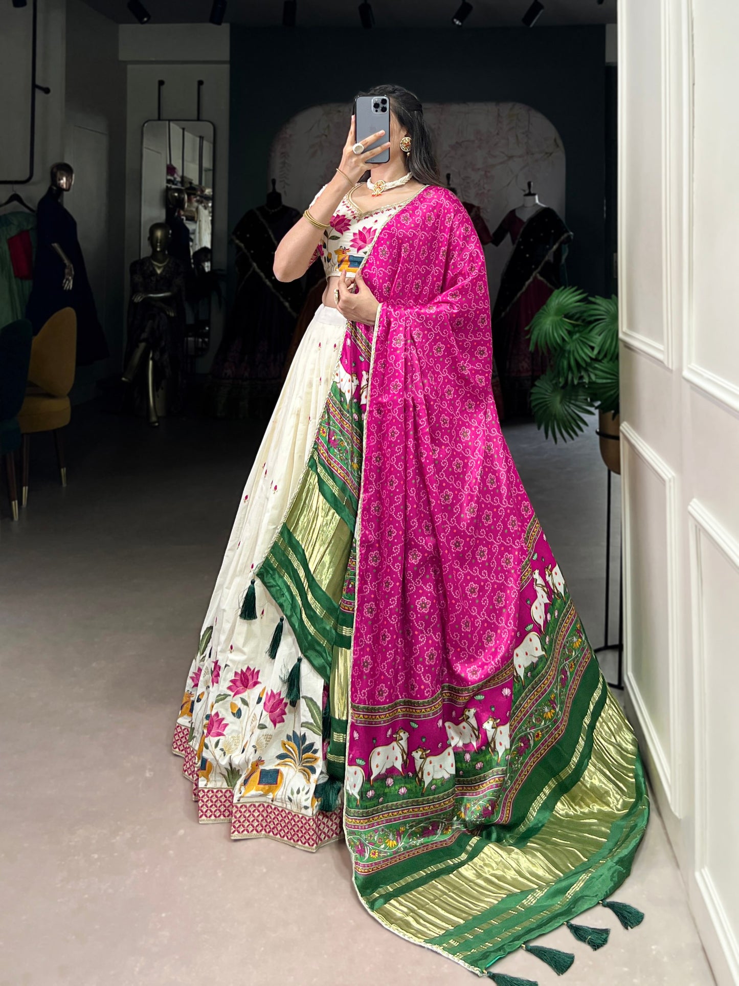 Khadi cotton Sequins And Thread Embroidery Work Lehenga