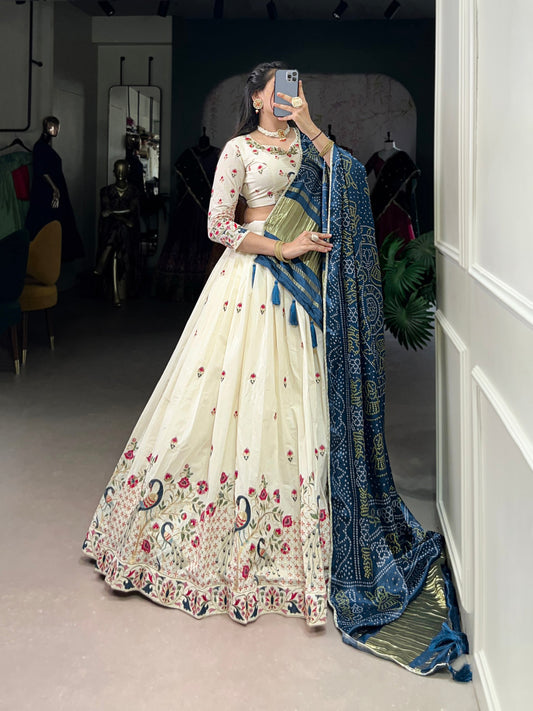 Khadi cotton Sequins And Thread Embroidery Work Lehenga