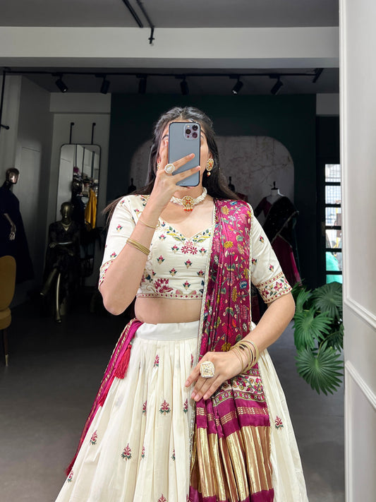 Khadi cotton Sequins And Thread Embroidery Work Lehenga