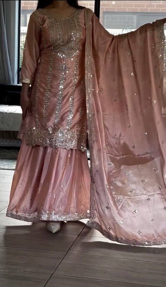 Pure Heavy Chinnon Silk With Heavy Embroidery Work Plazzo