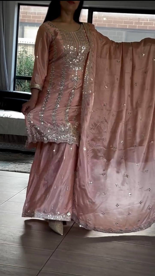 Pure Heavy Chinnon Silk With Heavy Embroidery Work Plazzo