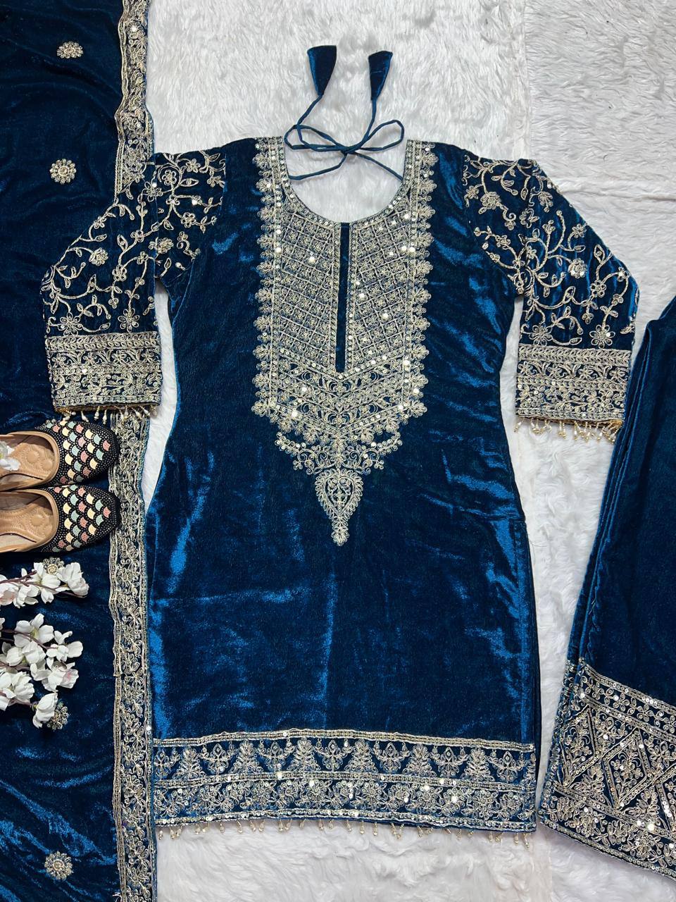 Pure Heavy Viscose Velvet With Heavy Embroidery Coding Sequence Work Suit