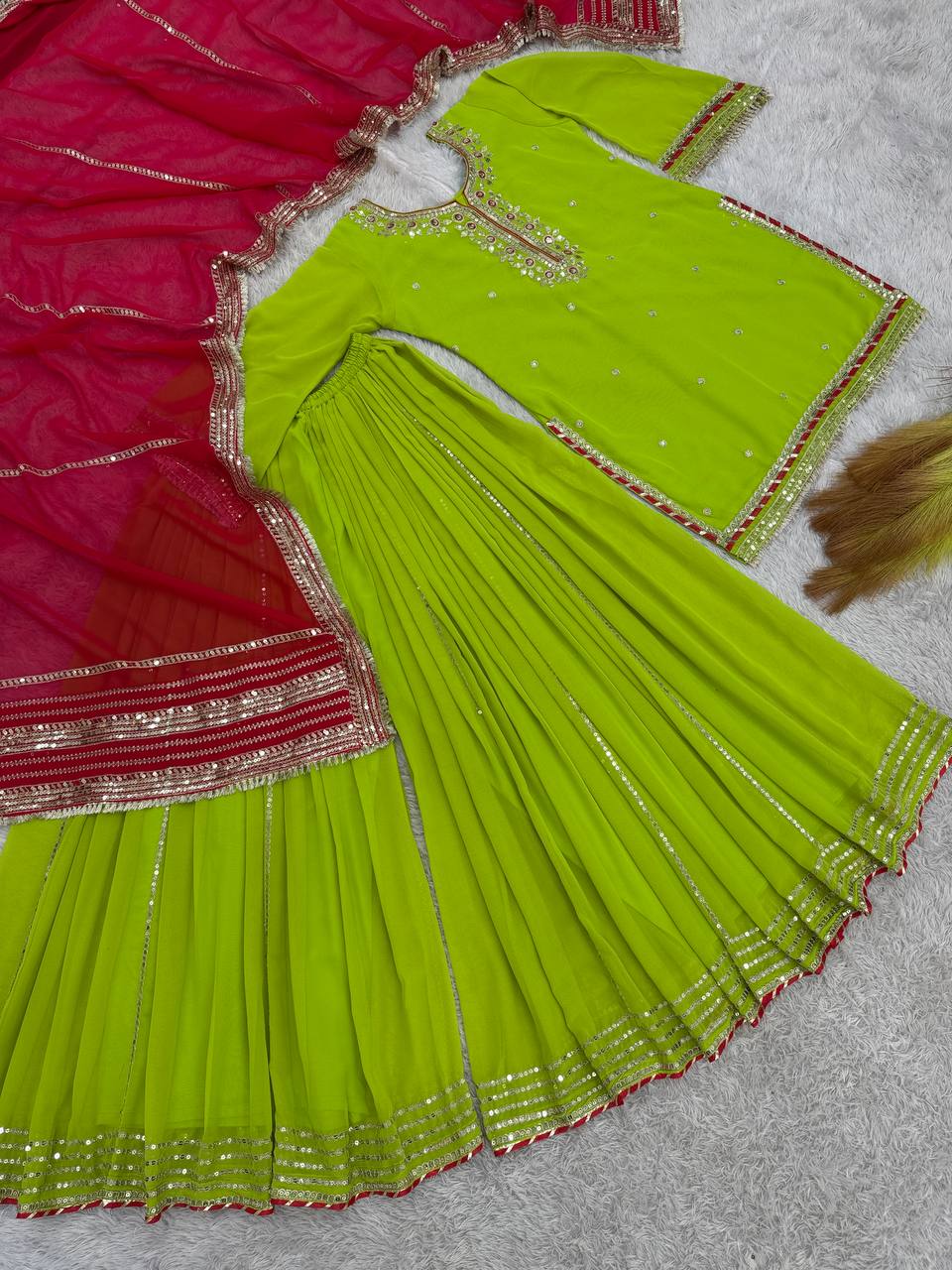 3 PIECE KURTI WITH FLAIRED PLAZZO AND DUPATTA