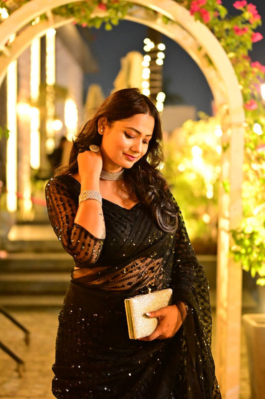 Net saree with heavy sequins & thread work Saree