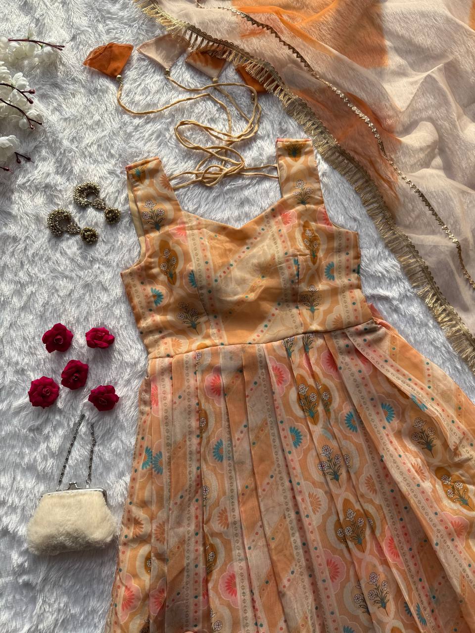 pure organza silk digital printed padded gown