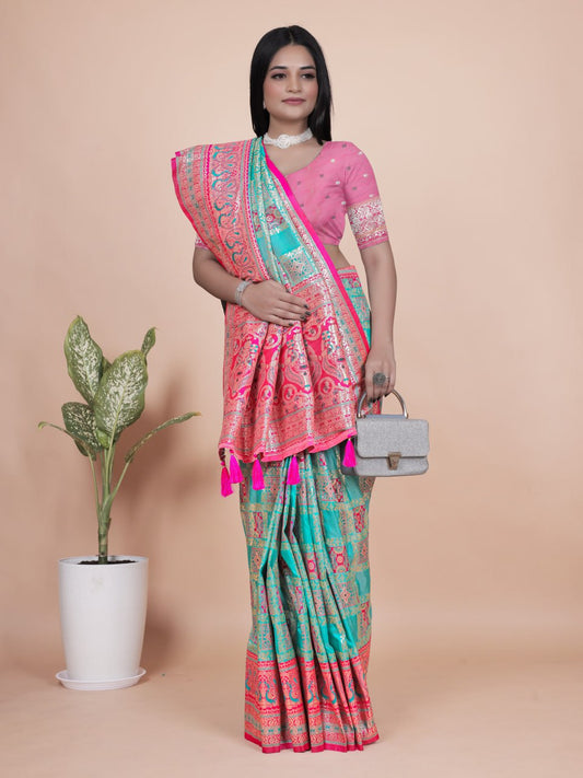 Aqua Blue and Pink Banarasi Silk Saree with Silver Zari Weaving