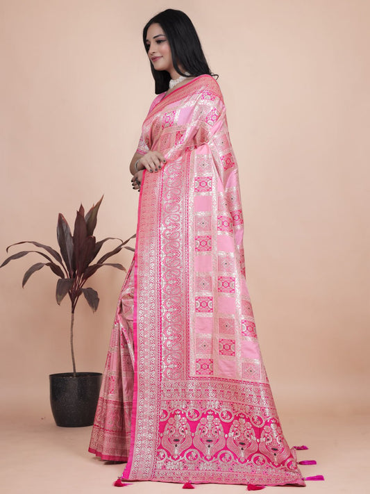Baby Pink Banarasi Silk Saree with Rich Silver Zari Detailing