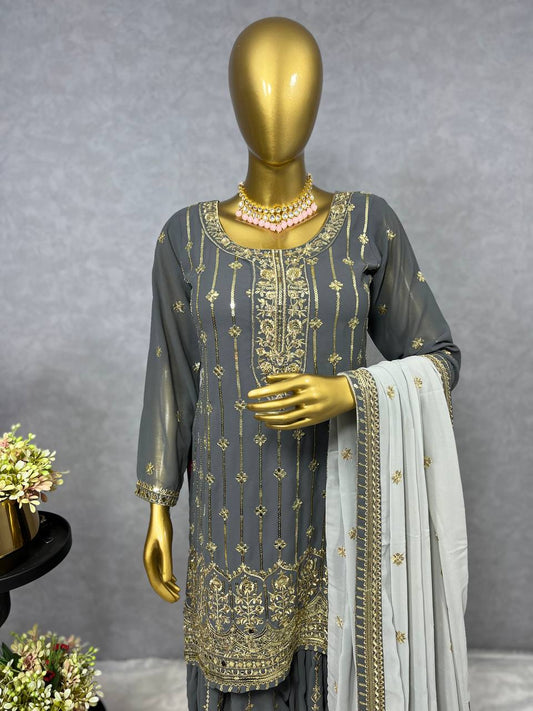 3 PIECE FANCY KURTI WITH FLARED PLAZZO AND CONTRAST DUPATTA
