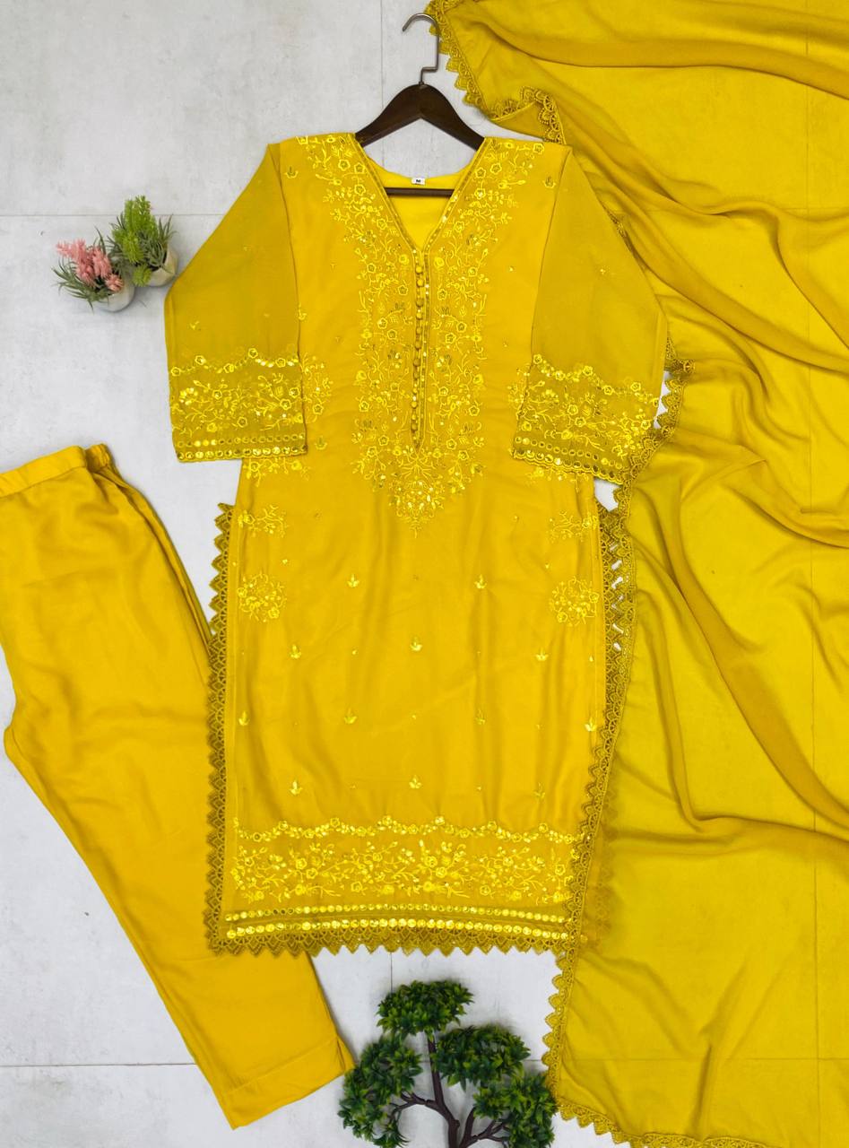 EXCLUSIVE 3 PIECE PLAZZO PAIR WITH DUPATTA IN SEQUENCE EMBROIDERY WORK SUIT