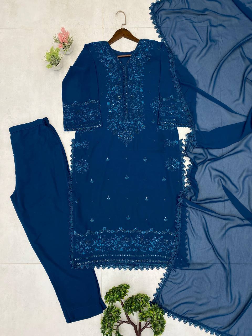 EXCLUSIVE 3 PIECE PLAZZO PAIR WITH DUPATTA IN SEQUENCE EMBROIDERY WORK SUIT