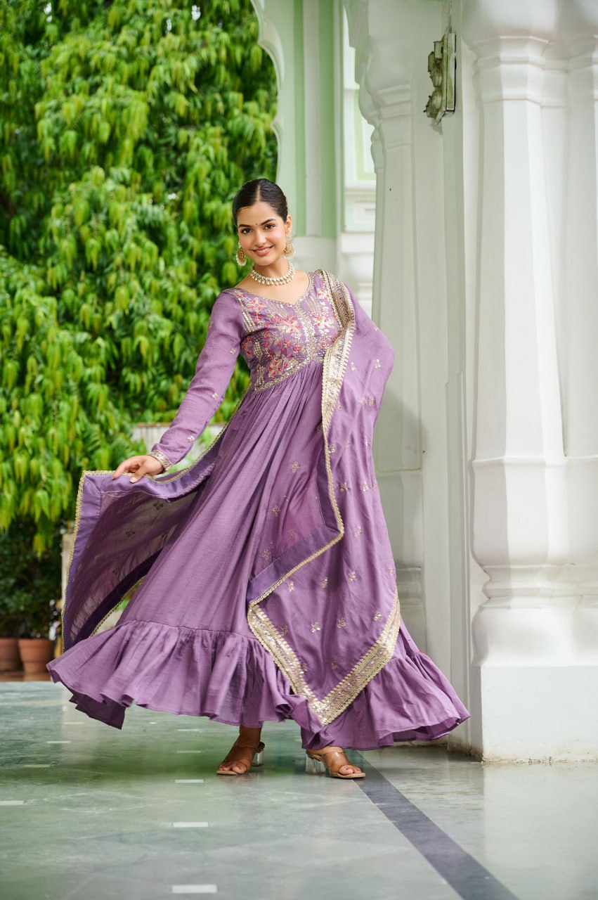 Vichitra Silk with Rich Embroidered Zari & Thread work Gown