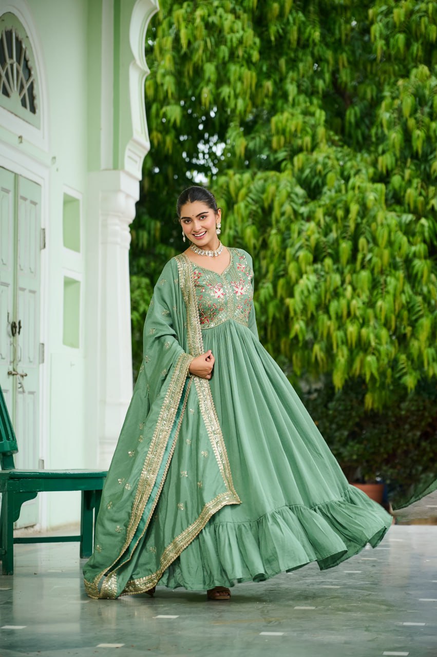 Vichitra Silk with Rich Embroidered Zari & Thread work Gown