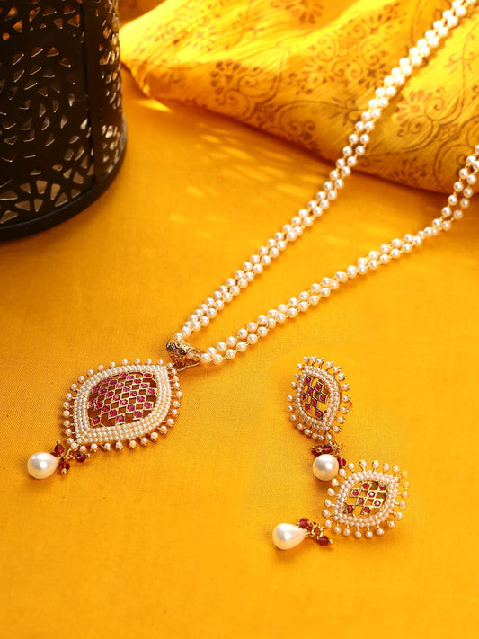 Gold-Plated White & Pink Stone-Studded & Beaded Handcrafted Jewellery Set