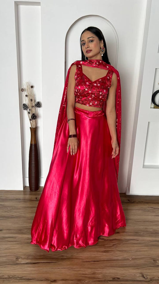 Japan satin silk lehnga with 4.75 meter flair