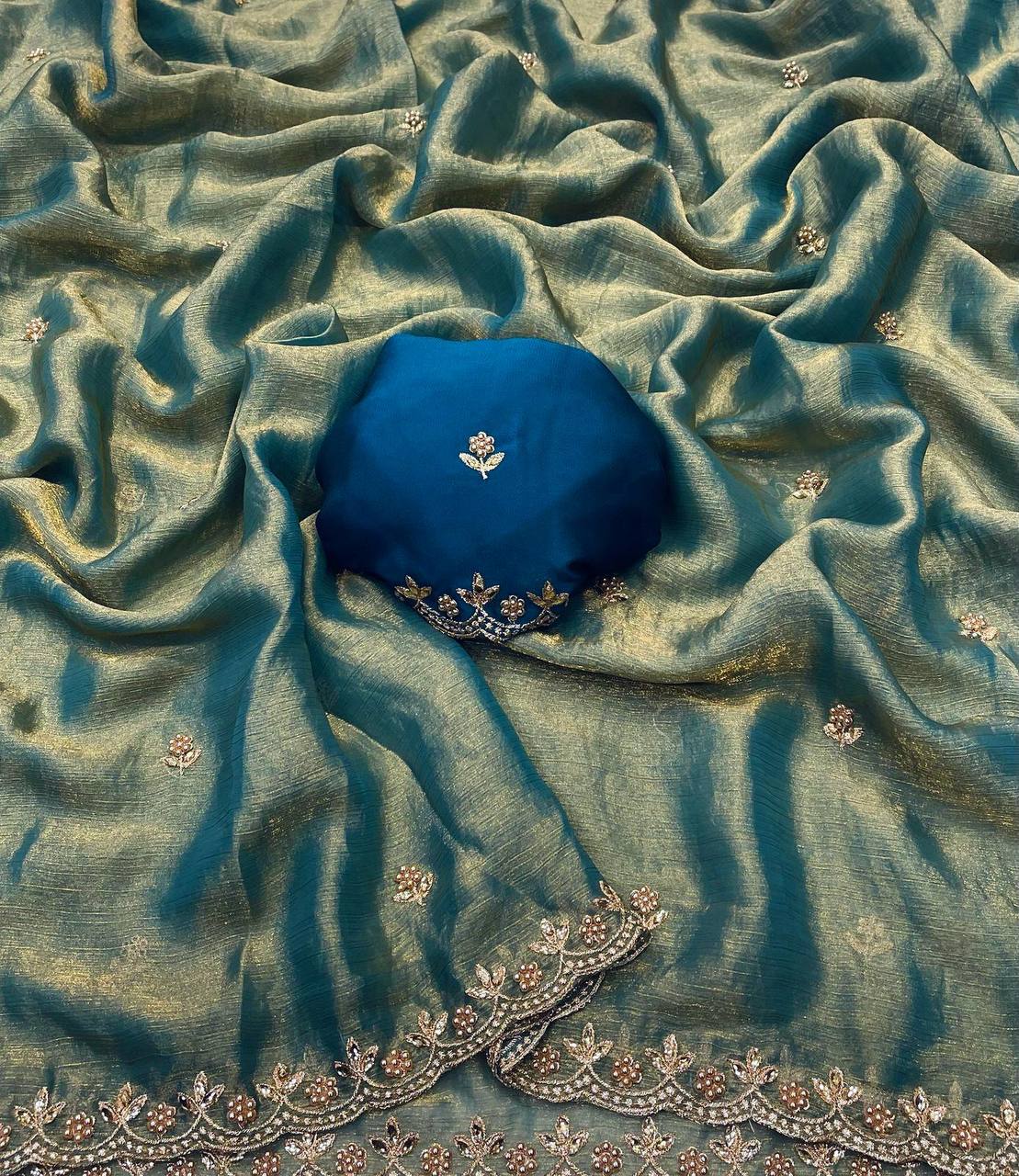 Premium Fendy Chiffon With Heavy Embroidery Work & Moti Pearls Hand