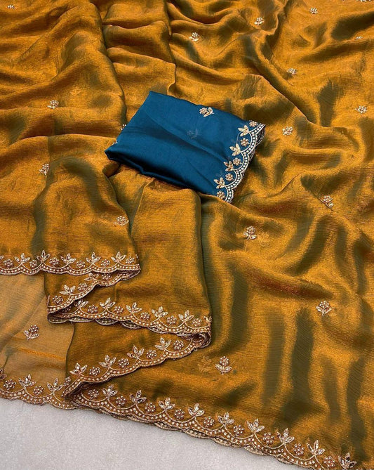 Premium Fendy Chiffon With Heavy Embroidery Work & Moti Pearls Hand