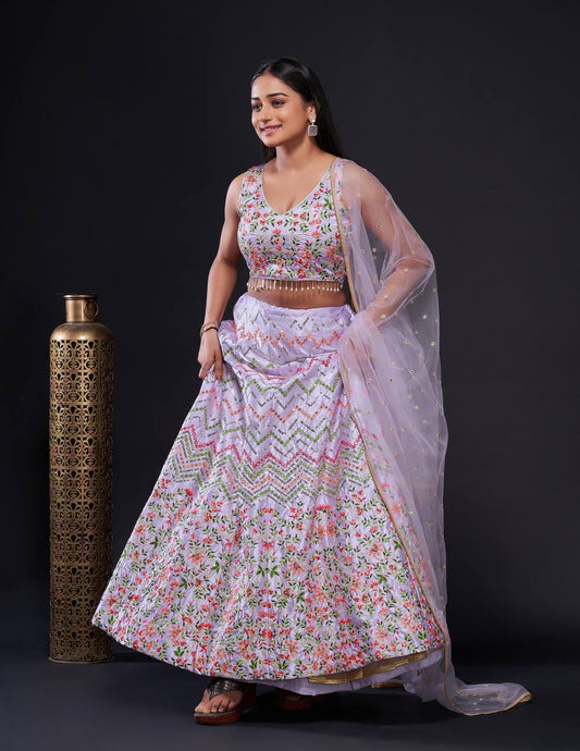 Heavy satin silk lehnga with sequence & thread work choli