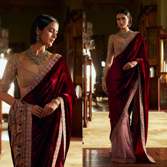 Wedding Bridal 9000 velvet + net saree with sequins Saree